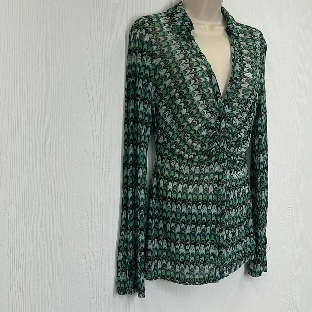 Free People - Green Fish Scale Button Down Ling Sleeve Sheer Blouse Size Small